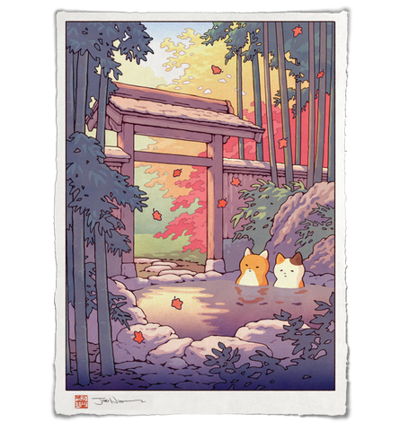 'Fox and Cat at the Onsen' Giclee Print