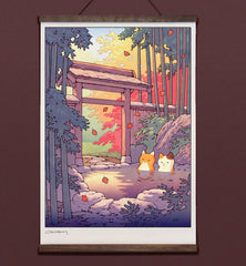 **Pre-Order** 'Fox and Cat at the Onsen" Wall Scroll
