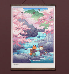 **Pre-Order** 'Fox and Cat, Sakura Hike' Wall Scroll