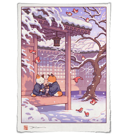 'Fox and Cat, Green Tea in Snow' Giclee Print