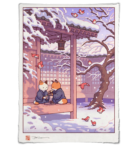 'Fox and Cat, Green Tea in Snow' Giclee Print
