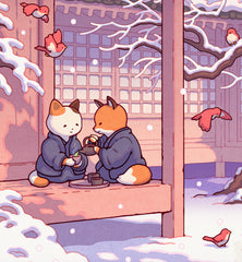 'Fox and Cat, Green Tea in Snow' Giclee Print