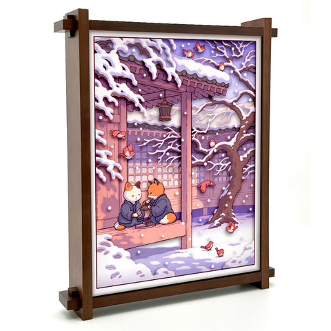 'Fox and Cat, Green Tea in Snow' Shadow Box