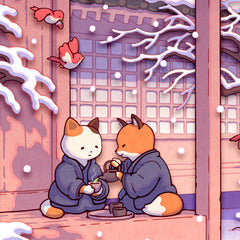 'Fox and Cat, Green Tea in Snow' Shadow Box