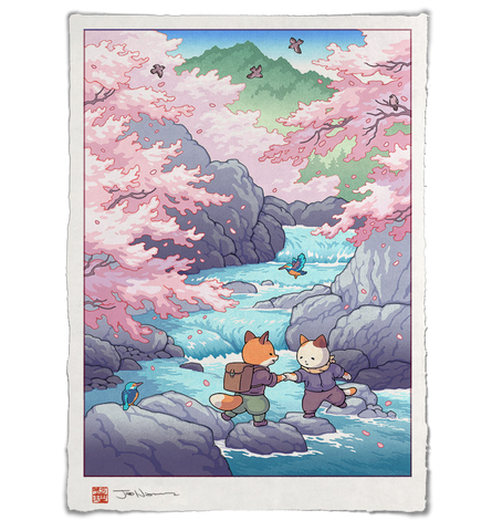 'Fox and Cat, Sakura Hike' Giclee Print