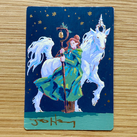 Hand Painted AP Card: Elf Mage and Unicorn