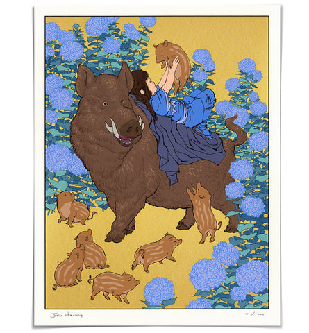 'Boar and Hydrangeas' Limited Print - Gold